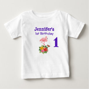 誕生日ピンクのフラミンゴ&トロピカルハイビスカス ベビーTシャツ