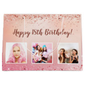 誕生日ピンクのローズ金ゴールド写真 ラージペーパーバッグ (正面)