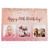 誕生日ピンクのローズ金ゴールド写真 ラージペーパーバッグ (裏面)