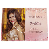 誕生日ピンクのローズ金ゴールド写真 ラージペーパーバッグ (正面)