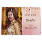 誕生日ピンクのローズ金ゴールド写真 ラージペーパーバッグ (裏面)