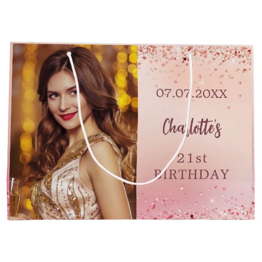 誕生日ピンクのローズ金ゴールド写真 ラージペーパーバッグ (裏面)