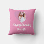 誕生日ピンクの写真ハート名スクリプト女の子 クッション (裏面)