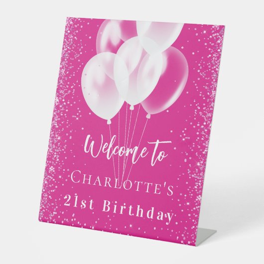 誕生日ピンクの白いバルーンへようこそ 台座サイン (正面)