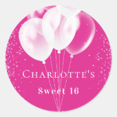 誕生日ピンクの白い風船の少女 ラウンドシール (正面)