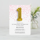 誕生日ピンクの紙吹雪と金ゴールドバルーン 招待状 (スタンド正面)