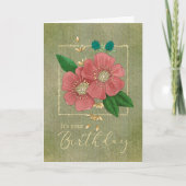 誕生日ピンクの花とグリッター枠 カード (正面)