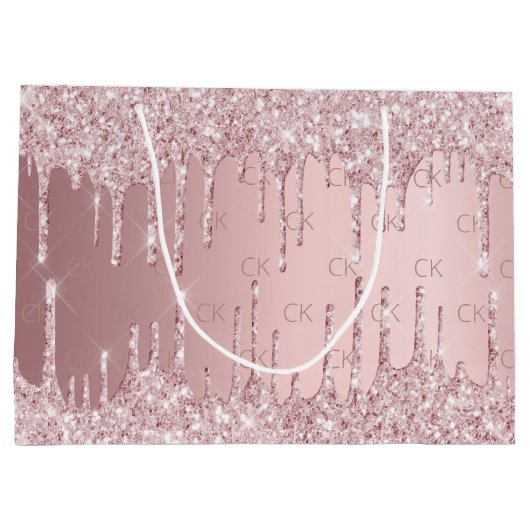 誕生日ピンクほこりっぽいバラグリッタードリップモノグラム ラージペーパーバッグ (裏面)