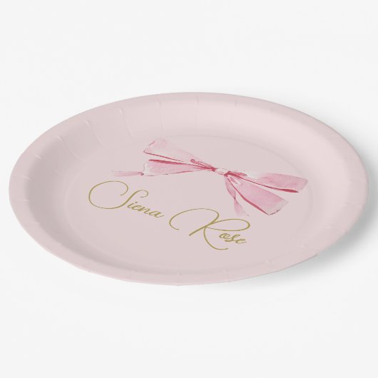 誕生日ピンクウォーターカラーボウキュート ペーパープレート (アングル)