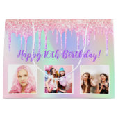 誕生日ピンクグリッターカスタム写真ホログラフィック ラージペーパーバッグ (正面)