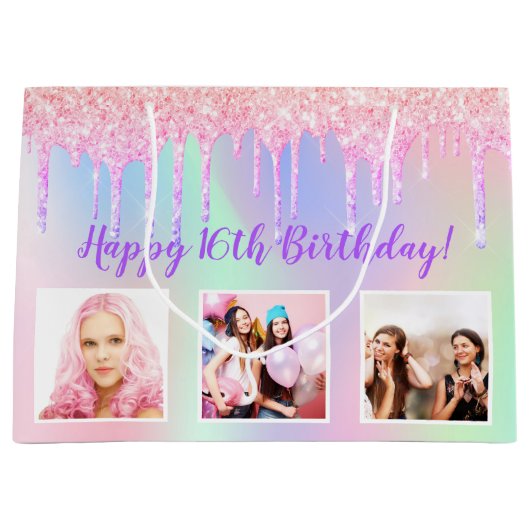 誕生日ピンクグリッターカスタム写真ホログラフィック ラージペーパーバッグ (正面)
