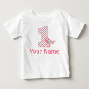 誕生日ピンクグリーンパーソナライズされたバードTシャツ ベビーTシャツ