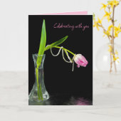 誕生日ピンクチューリップ&パール カード (黄色い花)