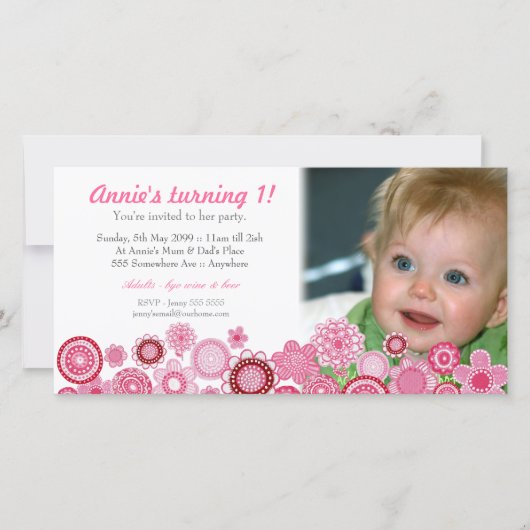 誕生日ピンクパーティの招待状フォトカード (正面)