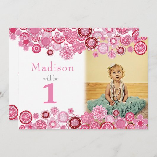 誕生日ピンクパーティの招待状フォトカード 招待状 (正面/裏面)