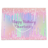 誕生日ピンクパープルグリッターはホログラフィックを乾燥させる ラージペーパーバッグ (正面)