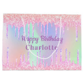 誕生日ピンクパープルグリッターはホログラフィックを乾燥させる ラージペーパーバッグ (裏面)