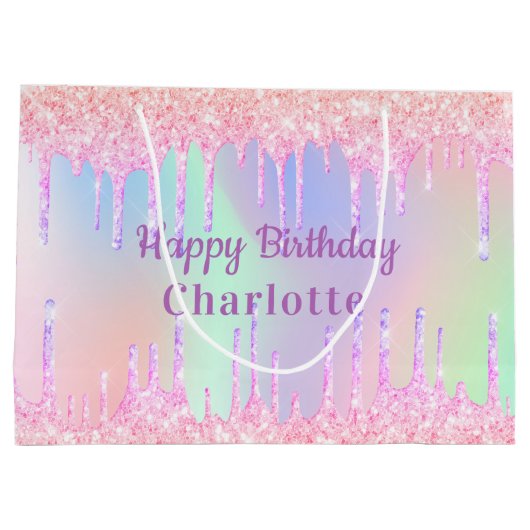 誕生日ピンクパープルグリッターはホログラフィックを乾燥させる ラージペーパーバッグ (裏面)