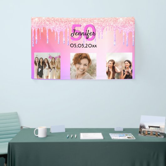 誕生日ピンクパープルグリッタードリップウェルカムフォト 横断幕 (トレードショー)
