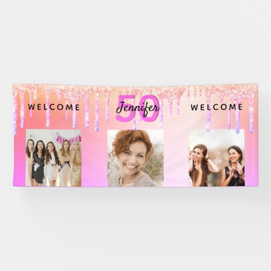 誕生日ピンクパープルグリッタードリップウェルカム 横断幕 (横)