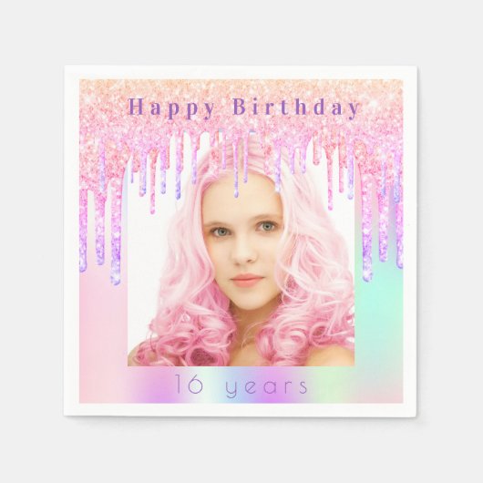 誕生日ピンクパープルグリッタードリップフォト スタンダードカクテルナプキン (正面)