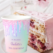 誕生日ピンクパープルグリッタードリップレインボー名 紙コップ