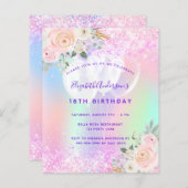 誕生日ピンクパープルグリッターバルーン招待 (正面/裏面)