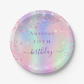 誕生日ピンクパープルグリッターホログラフィック名 ペーパープレート (正面)