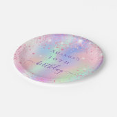 誕生日ピンクパープルグリッターホログラフィック名 ペーパープレート (アングル)