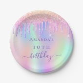 誕生日ピンクパープルグリッターホログラフィック名 ペーパープレート (正面)