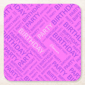 誕生日ピンクパープルタイポグラフィ追加の名前 スクエアペーパーコースター (正面)