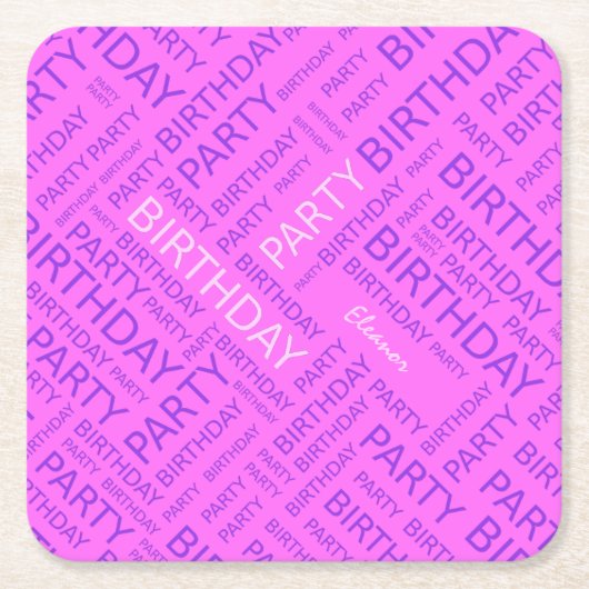 誕生日ピンクパープルタイポグラフィ追加の名前 スクエアペーパーコースター (正面)