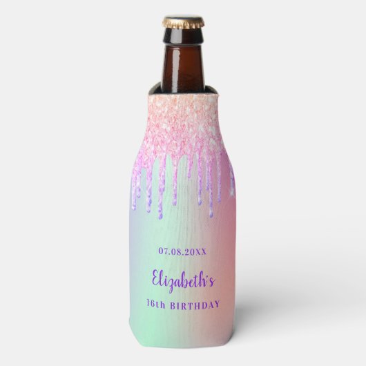 誕生日ピンクパープルドリップホログラフィック ボトルクーラー (ボトル正面)