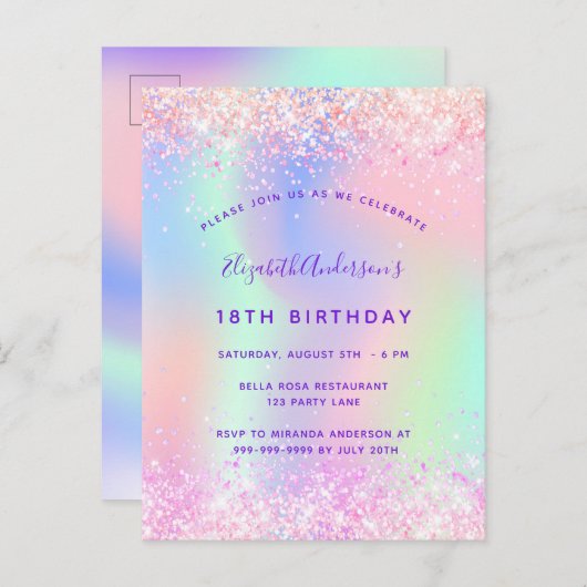 誕生日ピンクパープルホログラフィック インビテーションポストカード (正面/裏面)