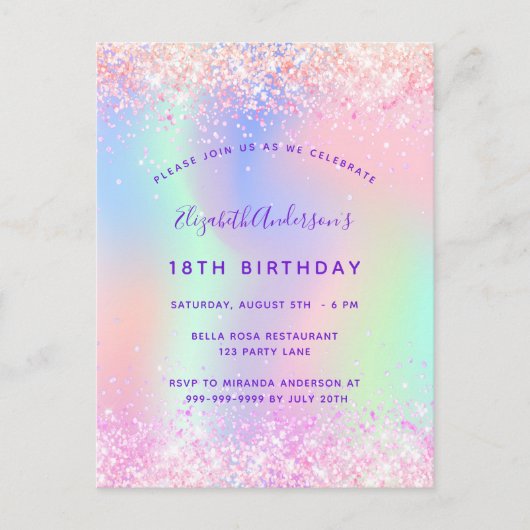 誕生日ピンクパープルホログラフィック インビテーションポストカード (正面)