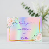 誕生日ピンクパープル写真花模様ホログラフィック サンキューカード (スタンド正面)