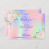 誕生日ピンクパープル写真花模様ホログラフィック サンキューカード (正面/裏面)