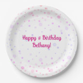 誕生日ピンクパープル紙吹雪ドットパーソナライズされた ペーパープレート (正面)