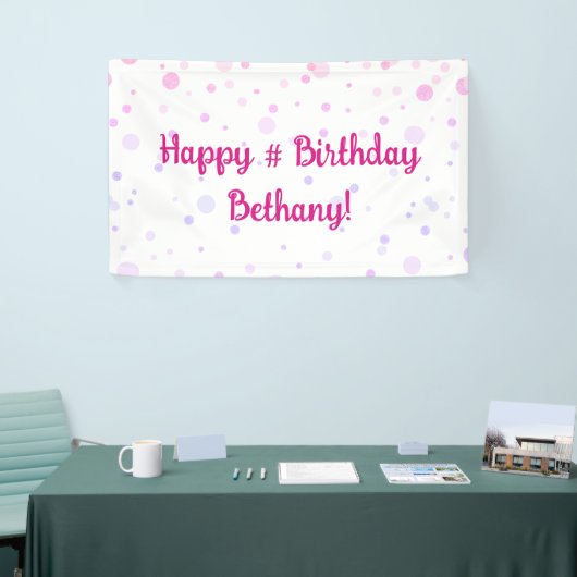 誕生日ピンクパープル紙吹雪ドットパーソナライズされた 横断幕 (トレードショー)