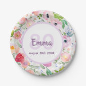 誕生日ピンクパープル花模様モノグラム ペーパープレート (正面)