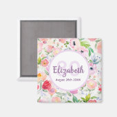 誕生日ピンクパープル花模様モノグラム マグネット (正面/裏面)