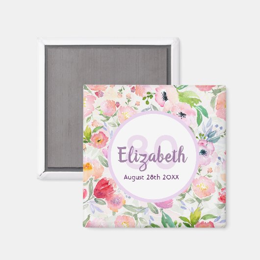 誕生日ピンクパープル花模様モノグラム マグネット (正面/裏面)