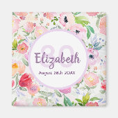 誕生日ピンクパープル花模様モノグラム マグネット (正面)