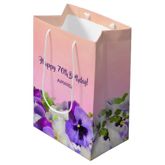 誕生日ピンクパープル赤面花模様名 ミディアムペーパーバッグ (正面アングル)