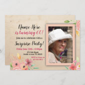誕生日ピンクフラワーフォトヴィンテージ招待状 招待状 (正面/裏面)