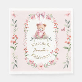 誕生日ピンクフローラファンタジーズ&テディベアハグ スタンダードランチョンナプキン
