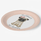 誕生日ピンクベビーガールパグ紙プレート ペーパープレート (アングル)