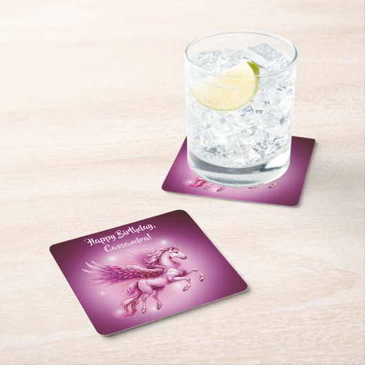 誕生日ピンクペガサスファンタジーデザイン スクエアペーパーコースター (インサイチュ)