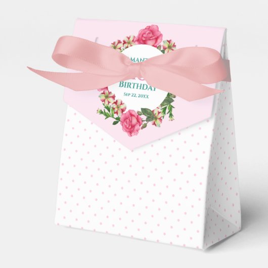 誕生日ピンクローズレッドホワイトペチュニア水玉模様 フェイバーボックス (正面サイド)