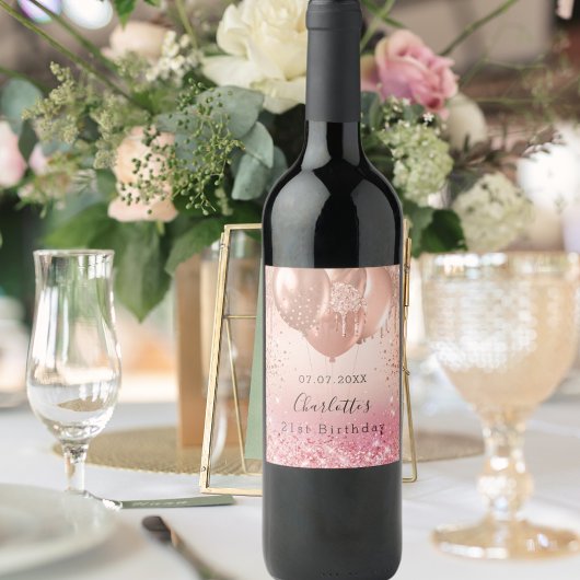 誕生日ピンクローズ金ゴールドグリッターバルーンおもしろい ワインラベル
